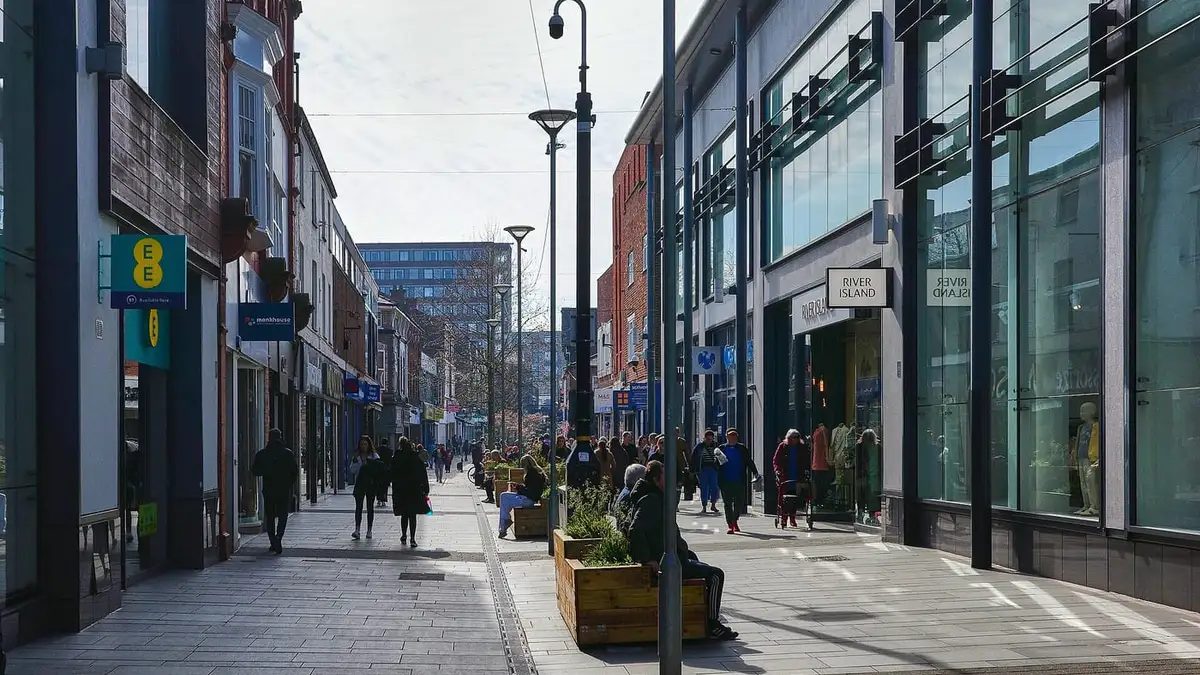 Pedestrianised George Street shopping street in Altrincham town centre