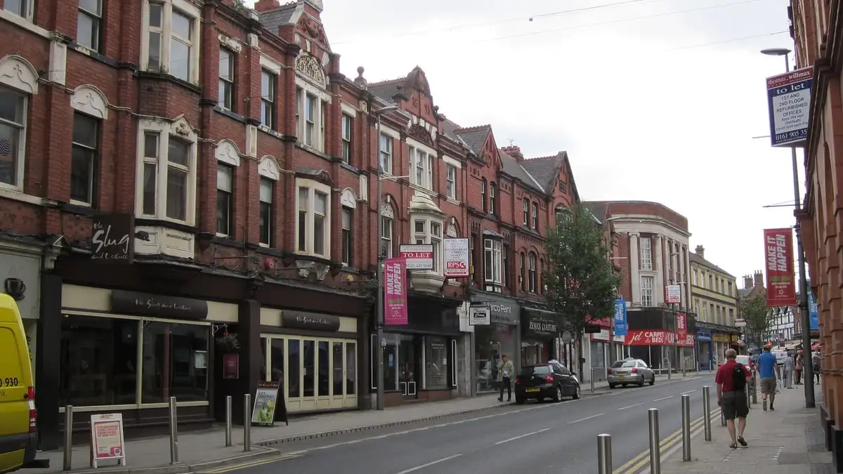 Red-brick Victorian shop parades along Stamford New Road, Altrincham