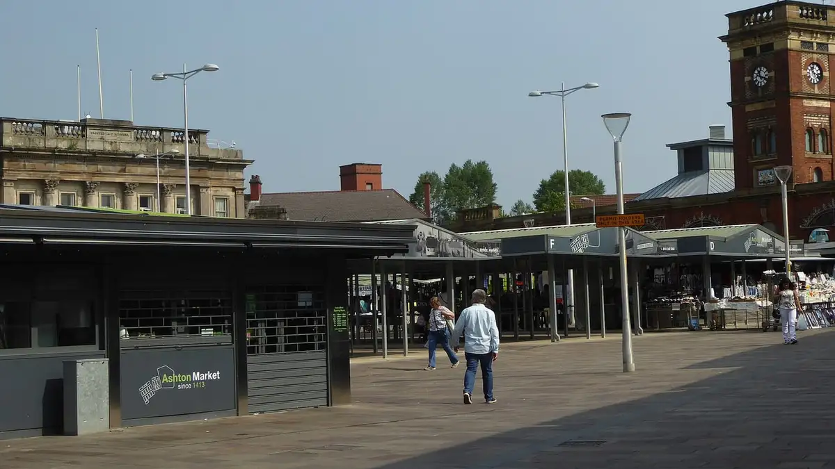 Ashton Market square and the Market Hall clock tower, Ashton-under-Lyne