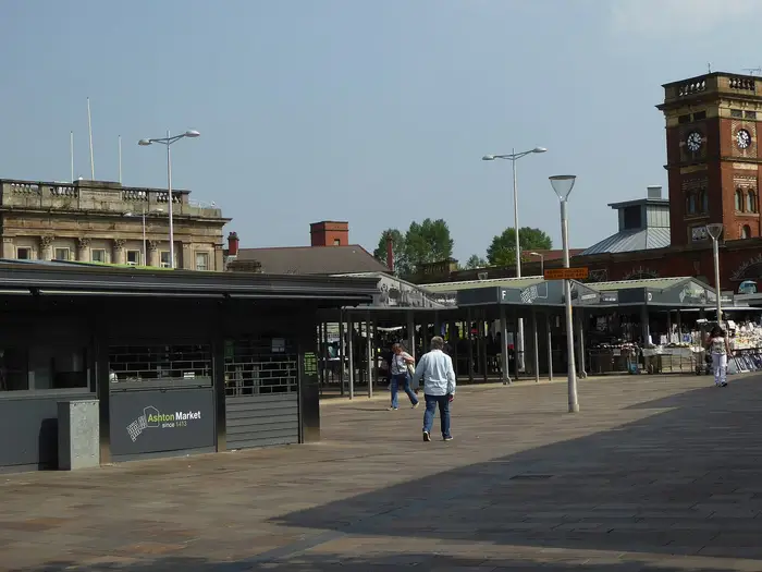 Ashton Market square and the Market Hall clock tower, Ashton-under-Lyne