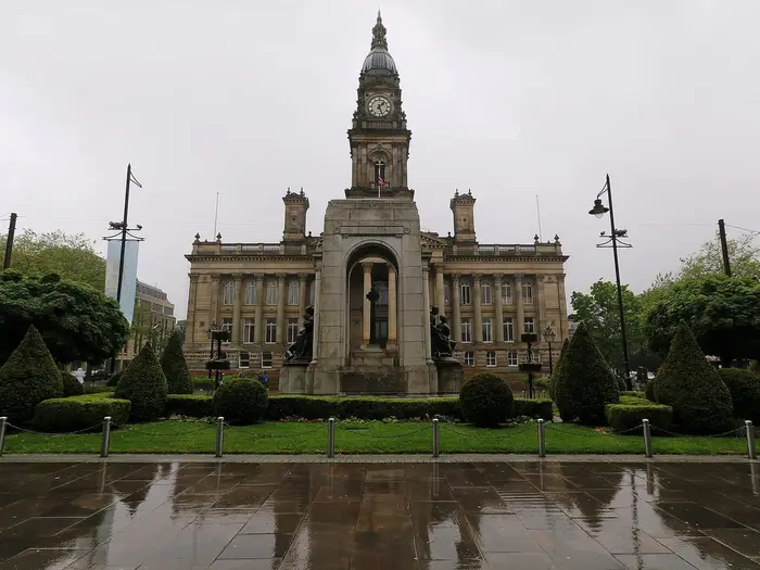 Bolton Town Hall and the war memorial seen across Victoria Square, Bolton