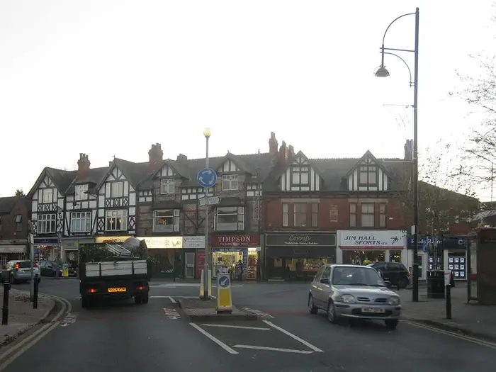 Black-and-white timbered shops in Bramhall village centre
