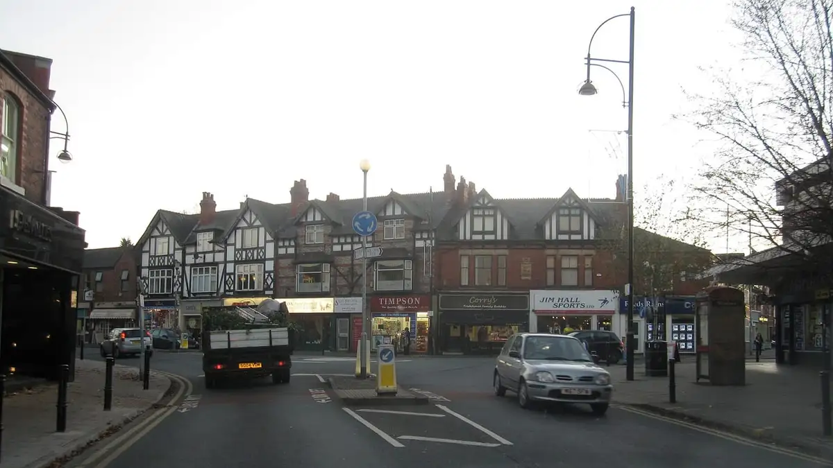Black-and-white timbered shops in Bramhall village centre