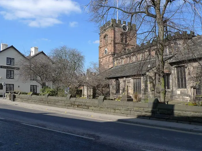St Mary's Church and neighbouring buildings on the High Street, Cheadle