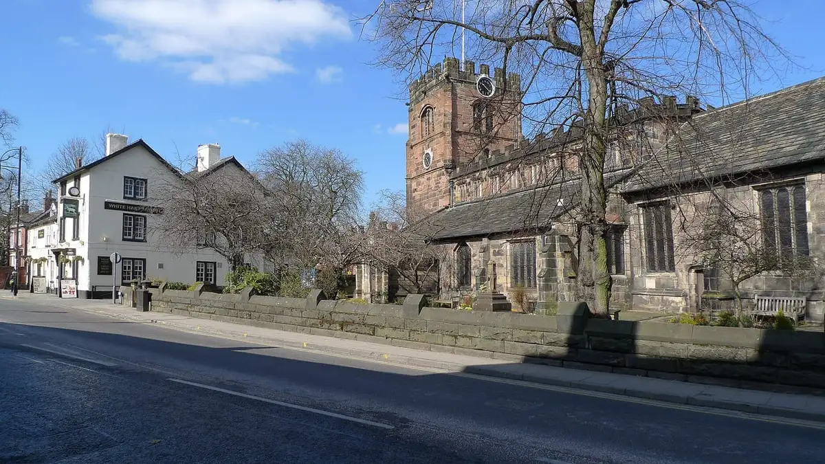 St Mary's Church and neighbouring buildings on the High Street, Cheadle