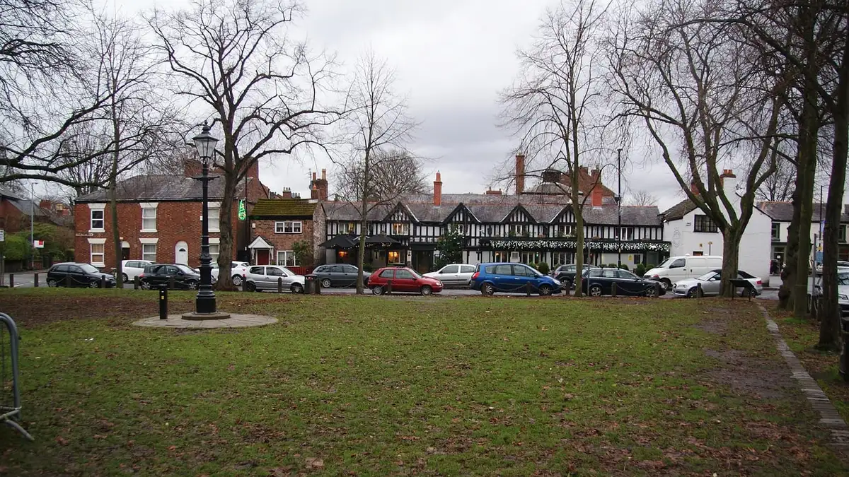 Chorlton Green with black-and-white buildings beyond, Chorlton-cum-Hardy
