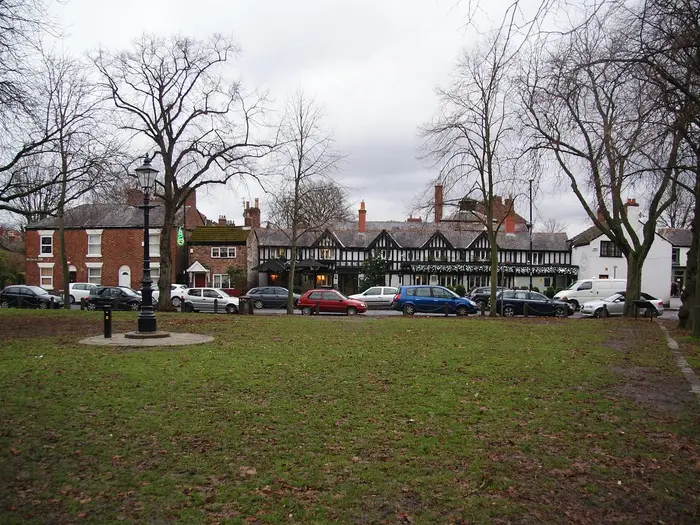 Chorlton Green with black-and-white buildings beyond, Chorlton-cum-Hardy