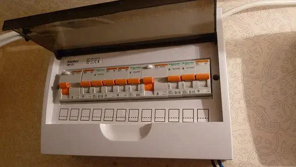 Domestic consumer unit with a row of circuit breakers under an open cover
