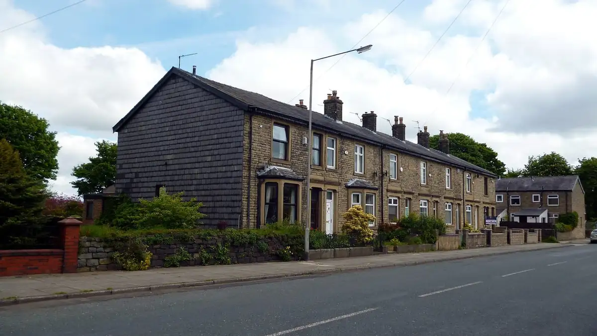 Stone-built terraced houses on Bury Old Road, Heywood
