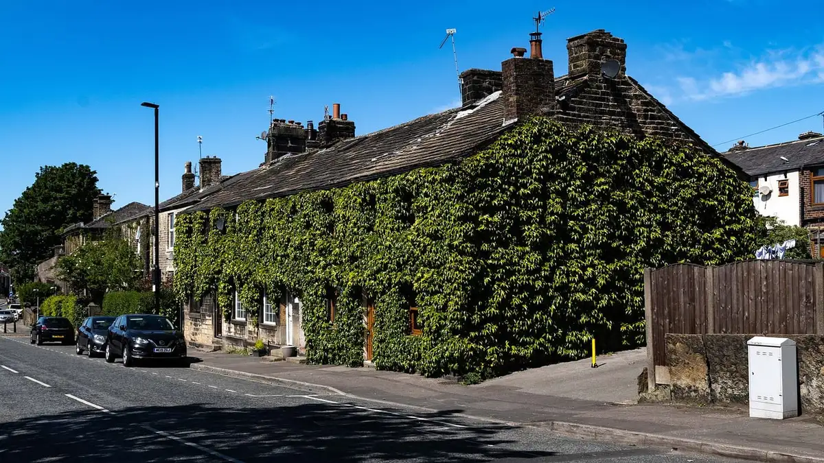 Ivy-covered stone buildings on Church Street, Littleborough