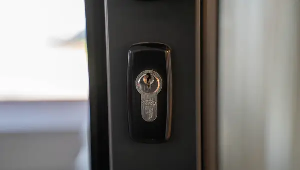 Euro cylinder lock and keyhole in a dark front door edge