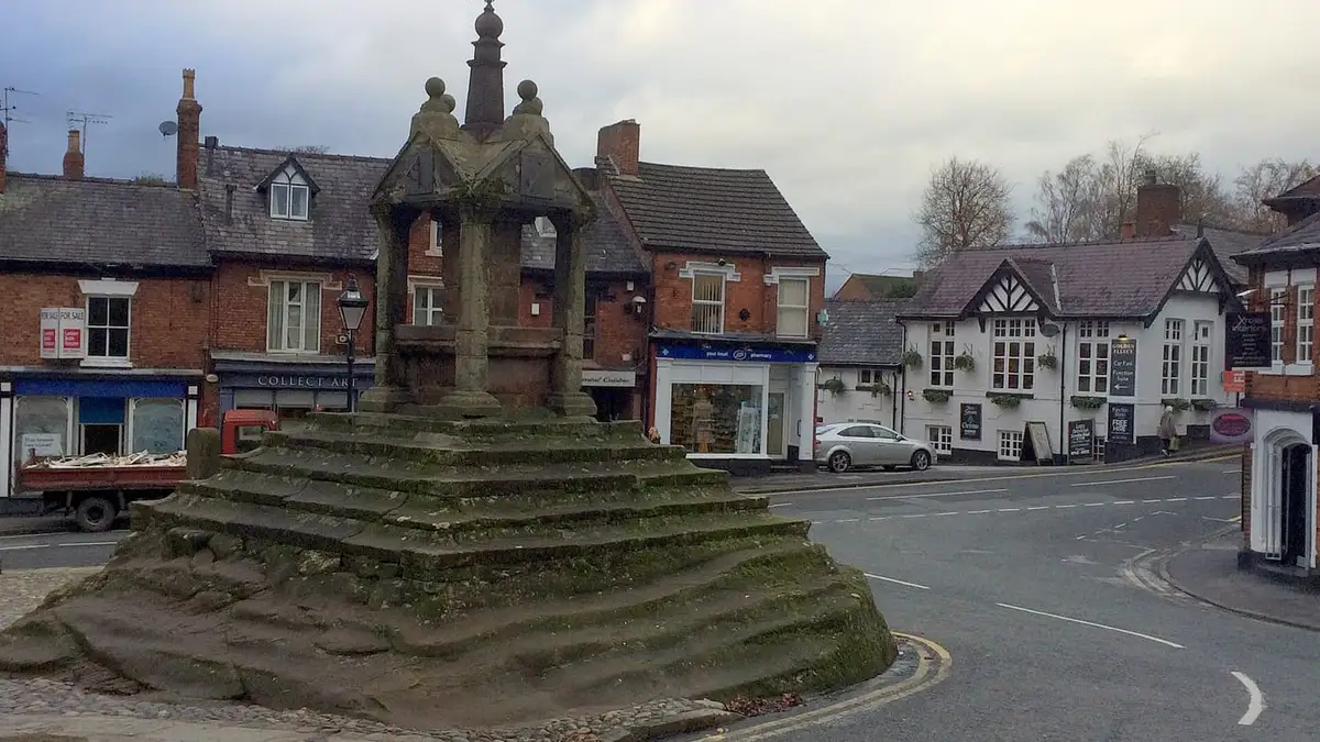 Lymm Cross, the sandstone village cross in the centre of Lymm, Cheshire