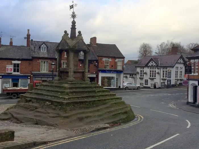 Lymm Cross, the sandstone village cross in the centre of Lymm, Cheshire