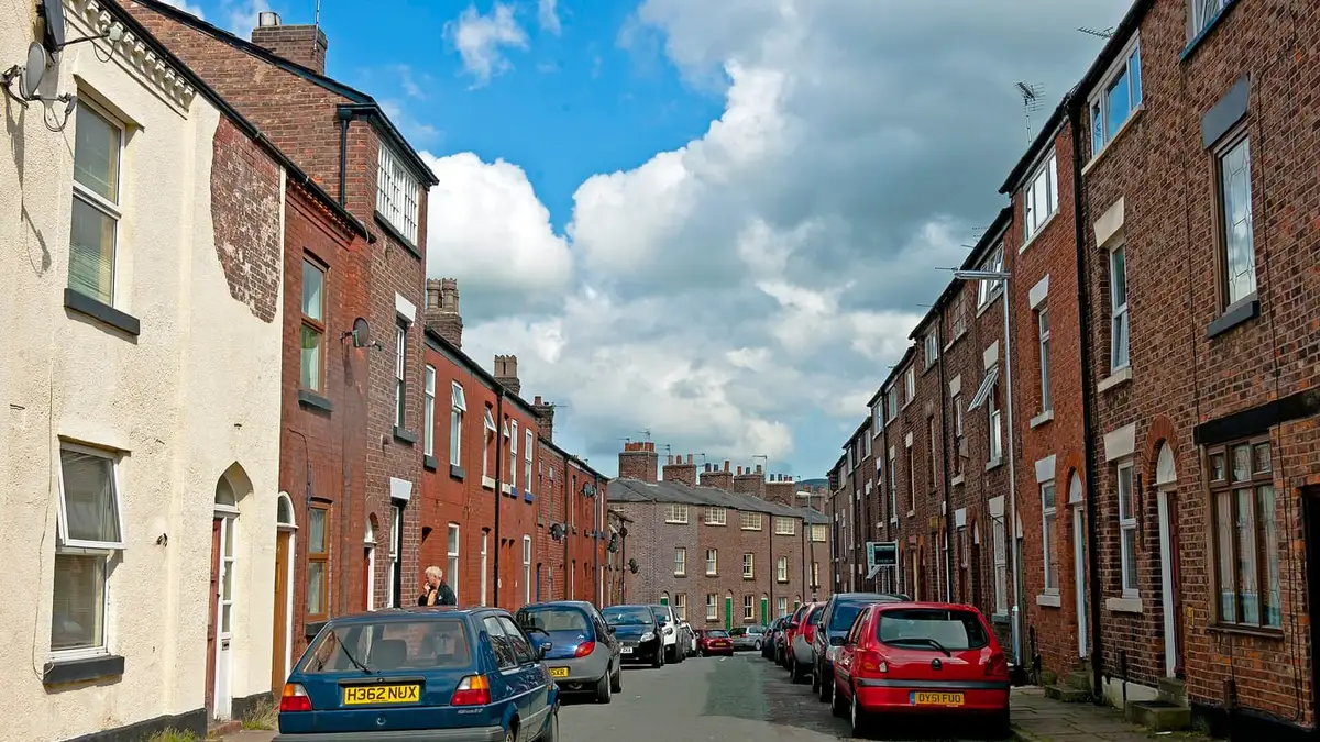 Brick terraced houses lining Paradise Street, Macclesfield