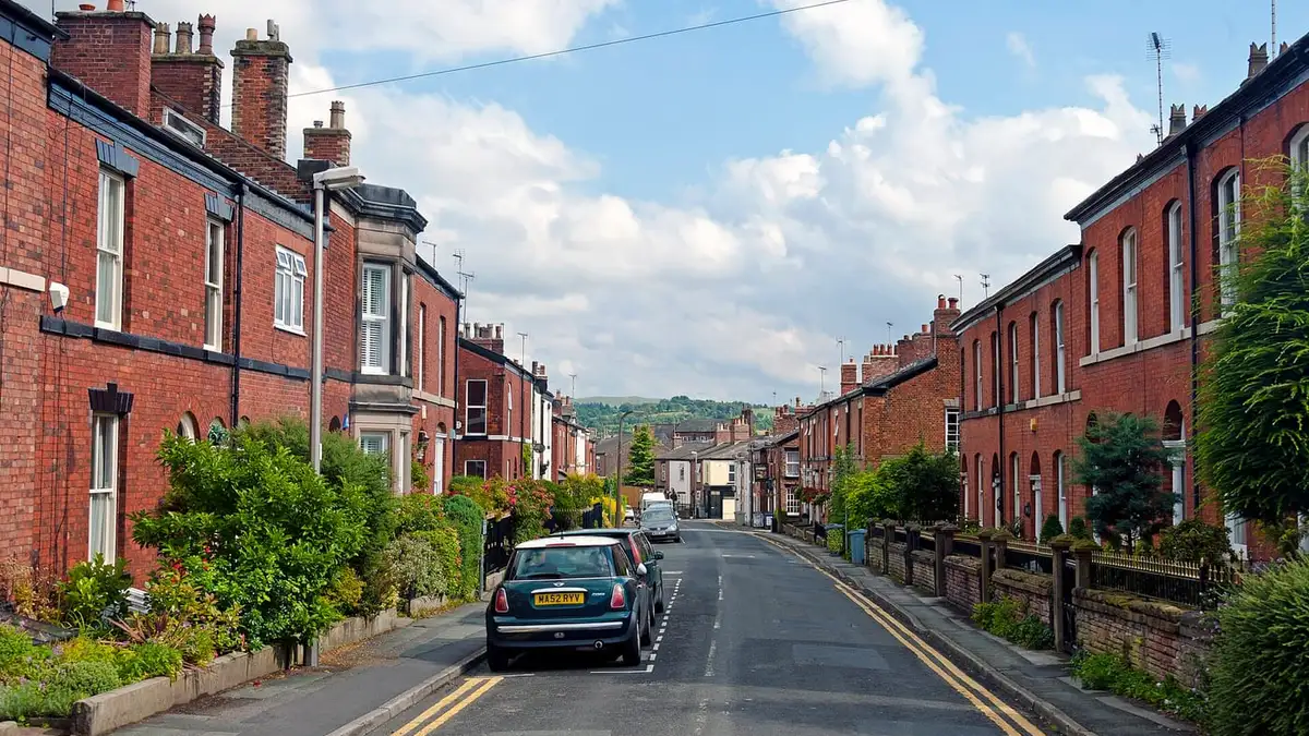 Victorian brick terraces with bay windows on Prestbury Road, Macclesfield