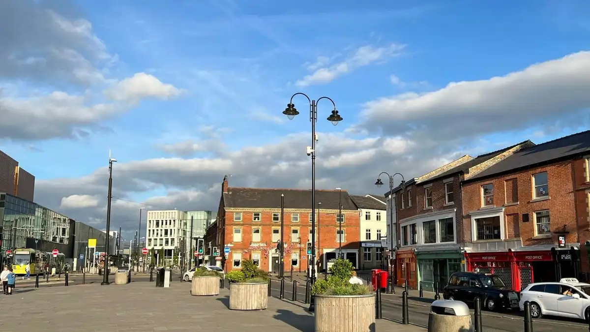 Paved square in Rochdale town centre near South Parade and Drake Street