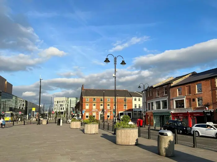 Paved square in Rochdale town centre near South Parade and Drake Street