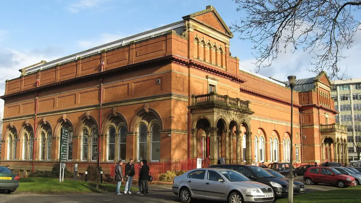 Salford Museum and Art Gallery, a Victorian red-brick building at Peel Park, Salford