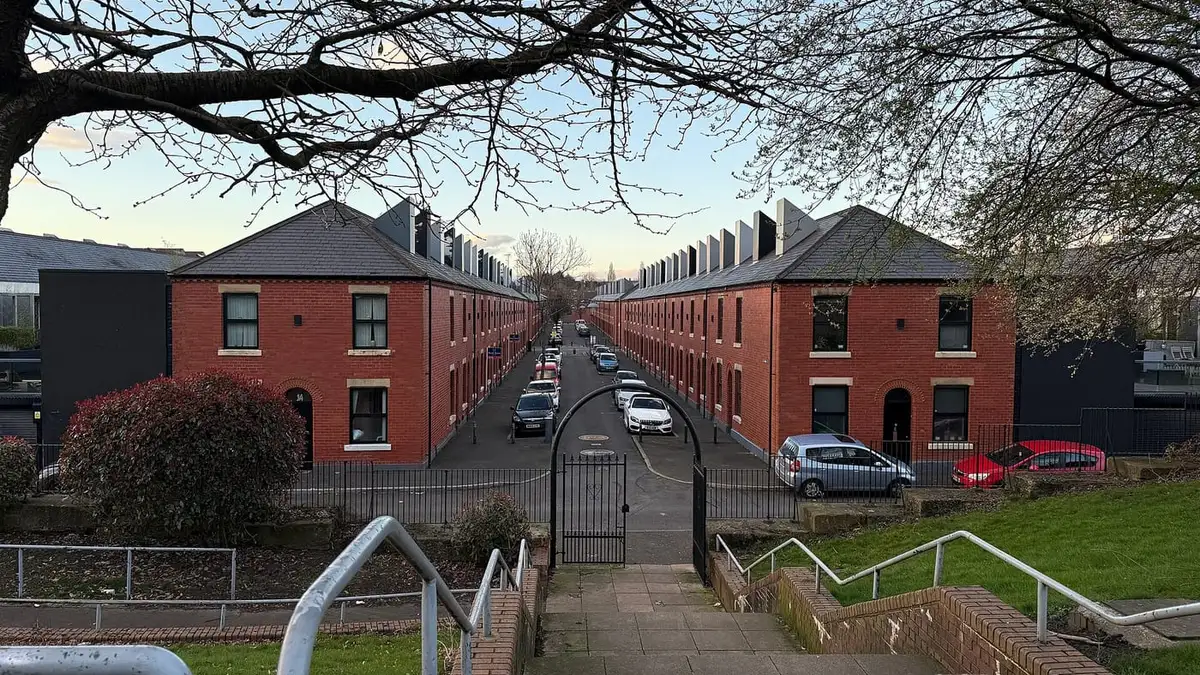 Rows of terraced house roofs at Chimney Pot Park, Langworthy, Salford