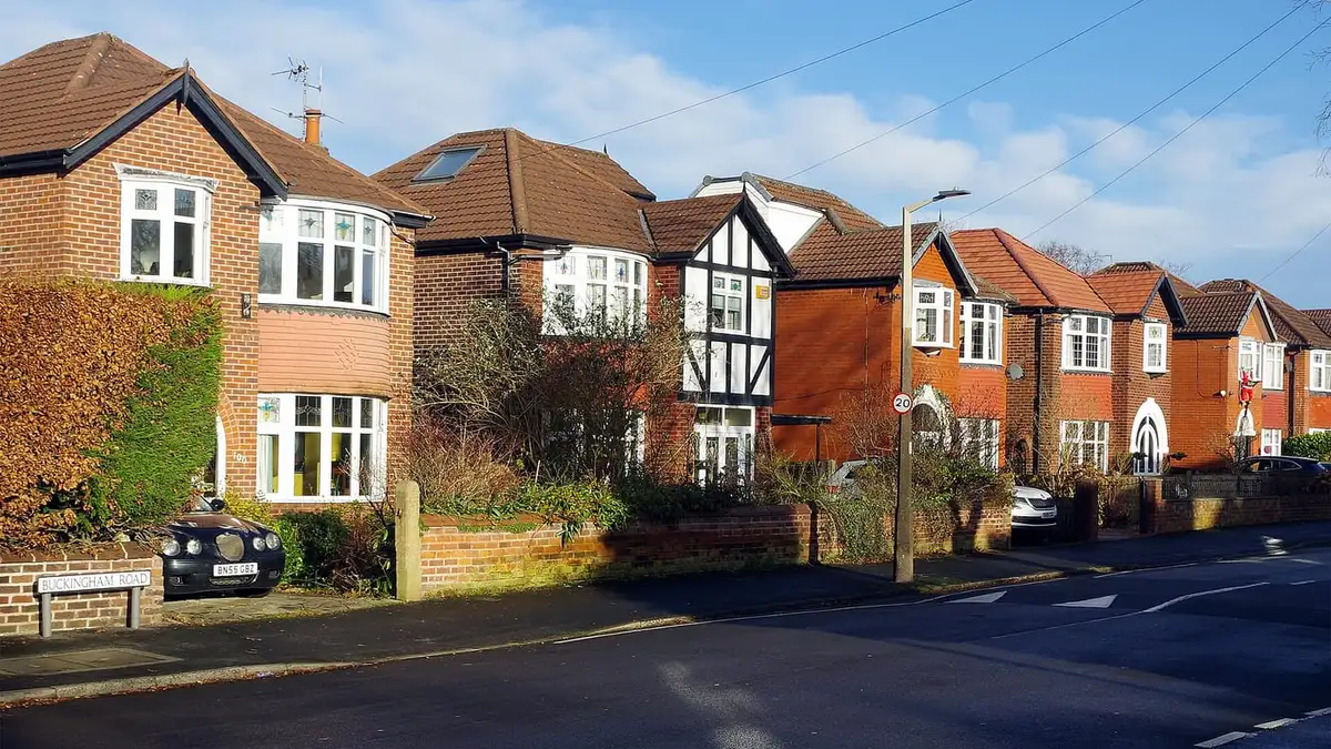 Detached and semi-detached houses on Buckingham Road, Heaton Moor, Stockport