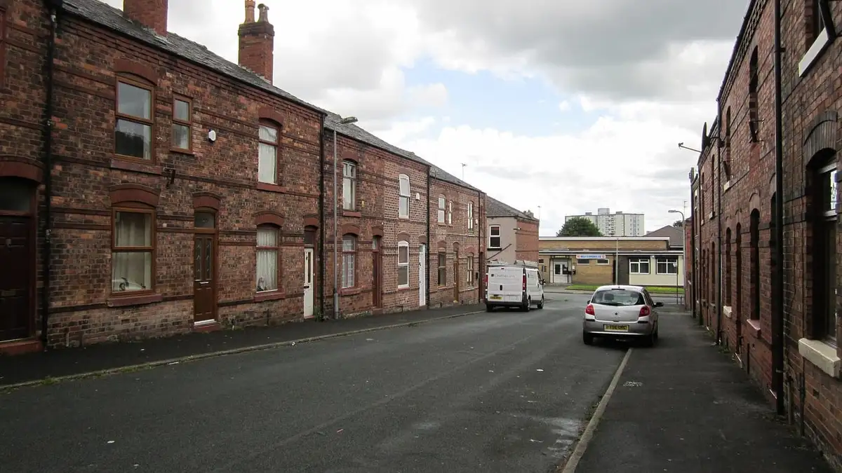 Brick terraced houses on Bryham Street, Scholes, Wigan