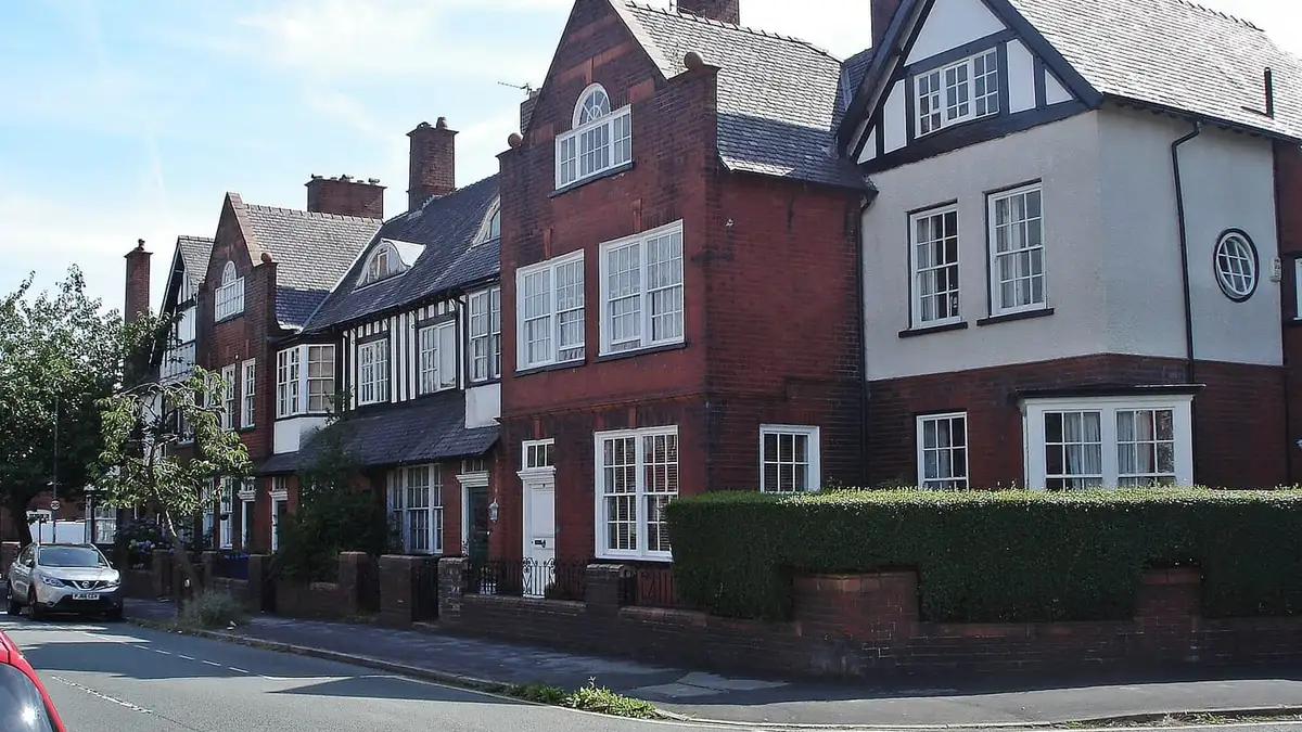 Listed brick and half-timbered houses on Swinley Lane, Wigan
