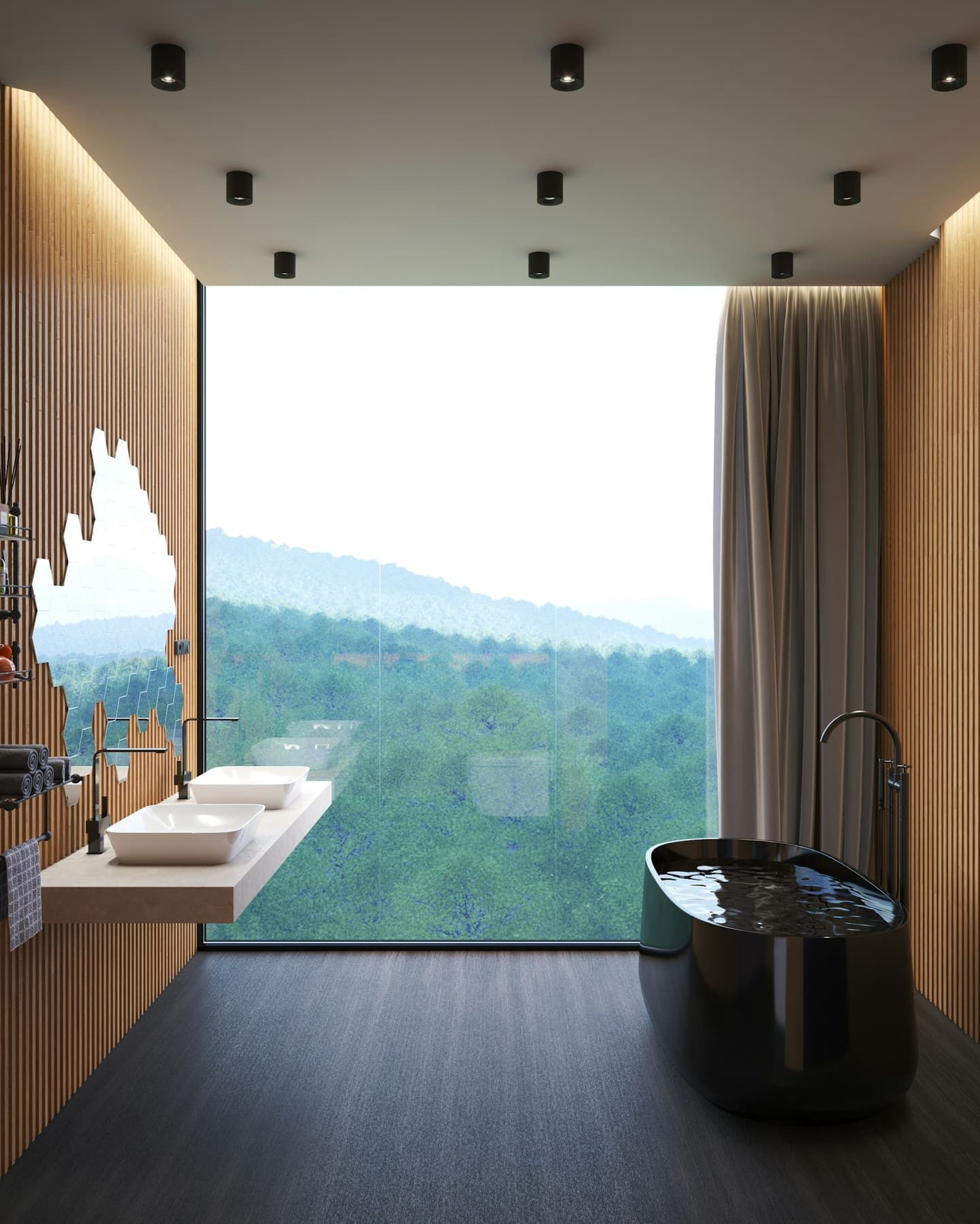 Bathroom with a large window and freestanding bath
