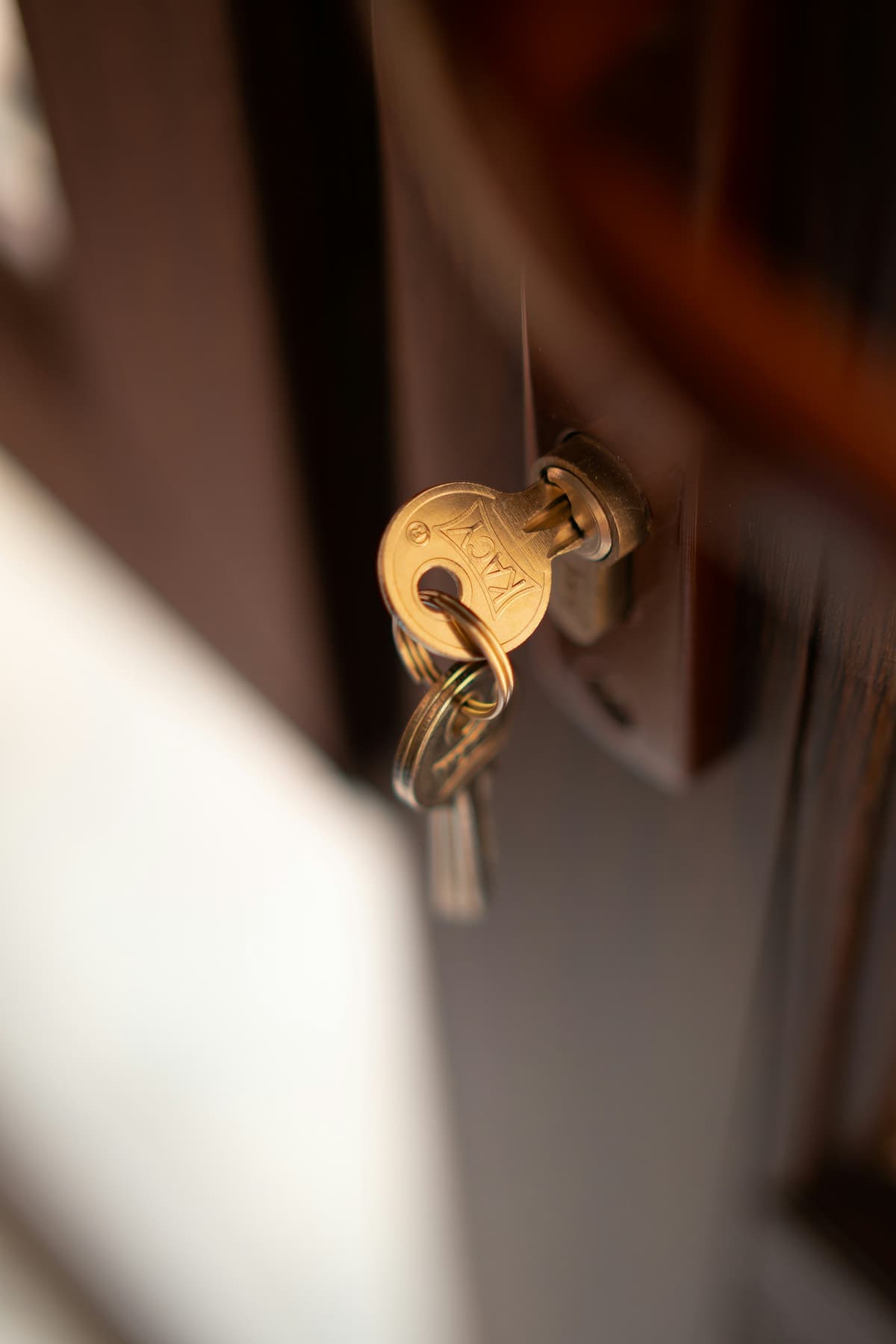 Key in the lock of a front door, close up
