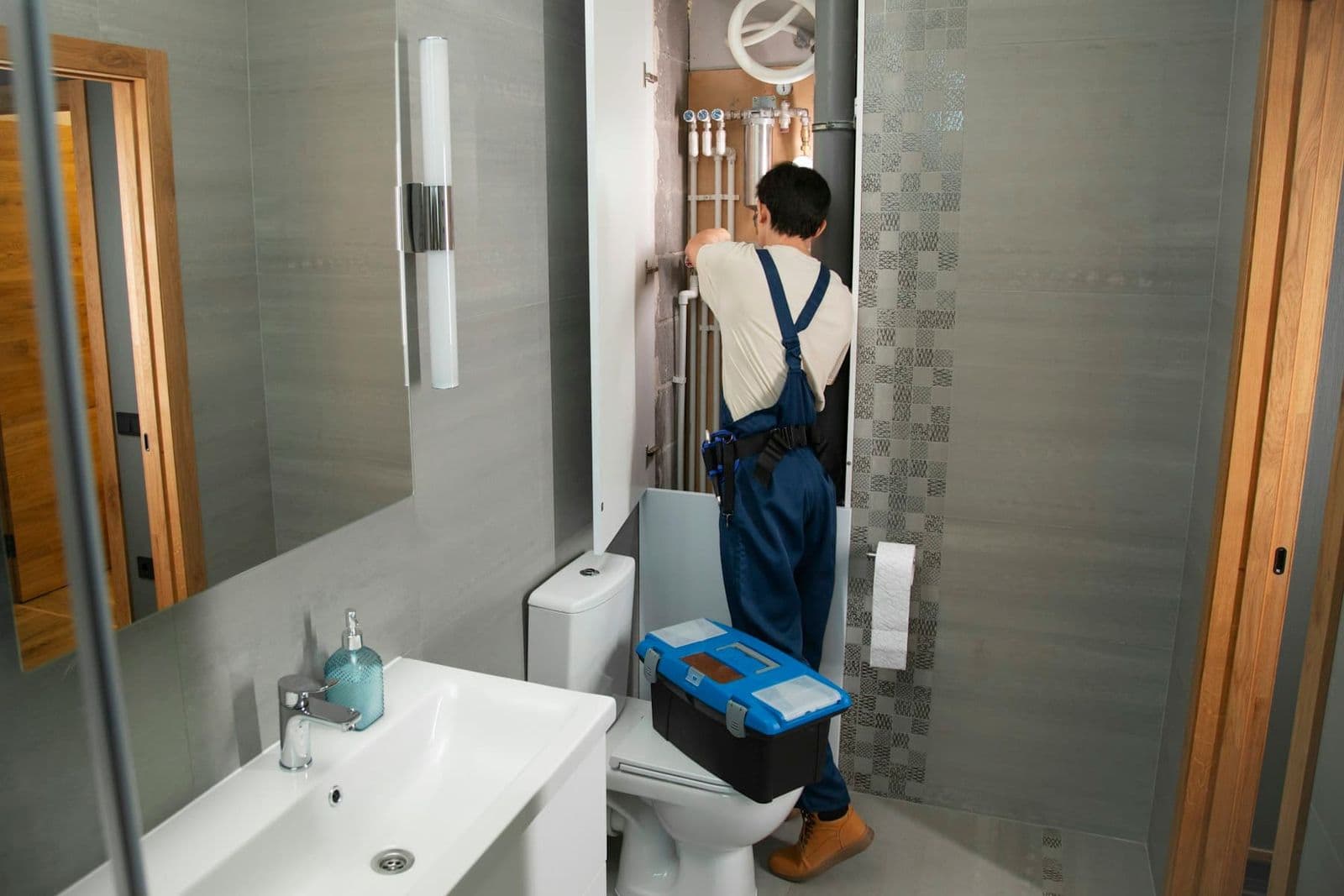 Plumber repairing pipework beneath a bathroom basin